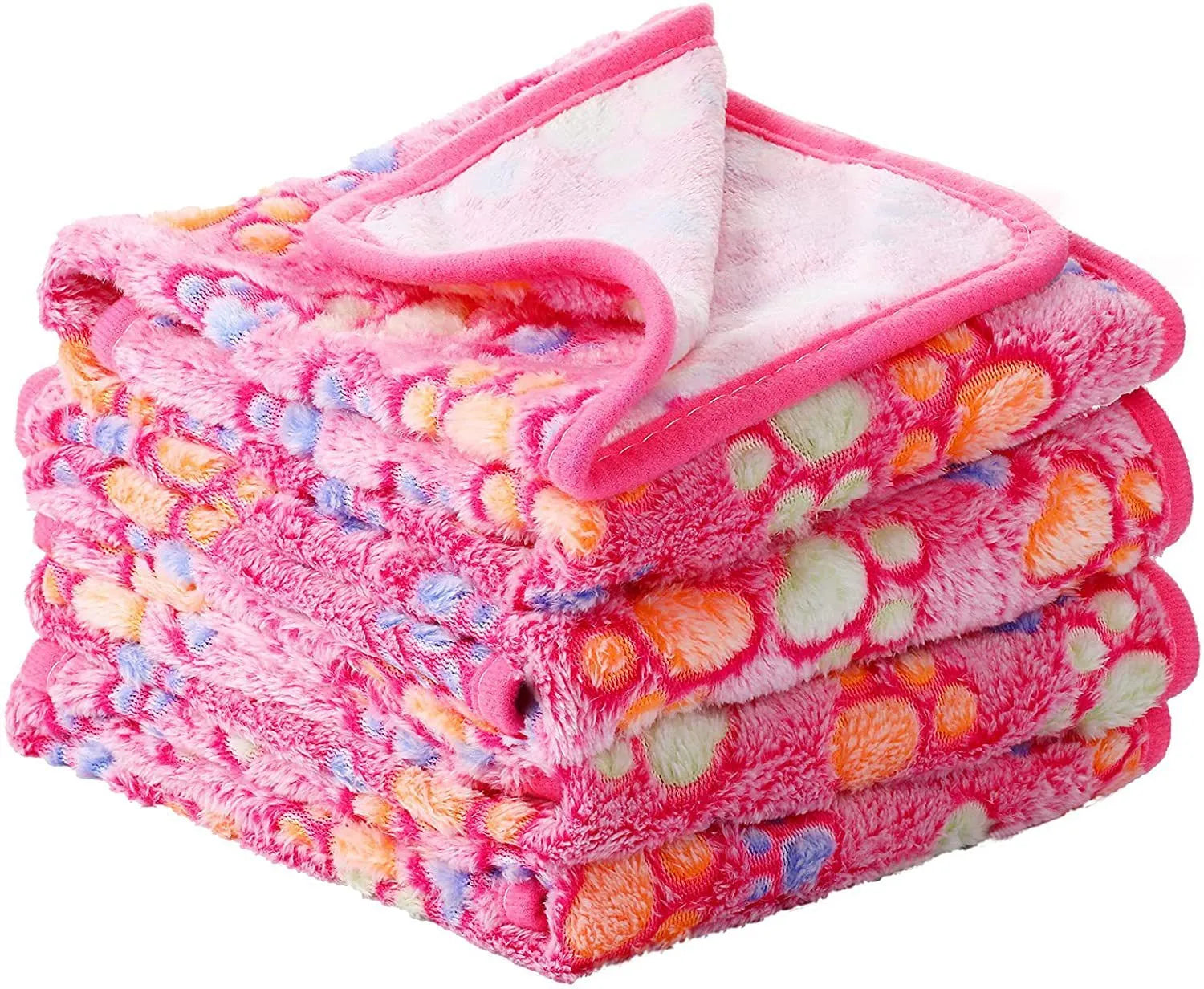 Coral fleece pet blanket with dog paw print design in multiple size options