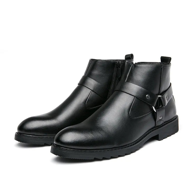 Men's pointed toe high-top boots with side zipper, wedge heel, in black colour