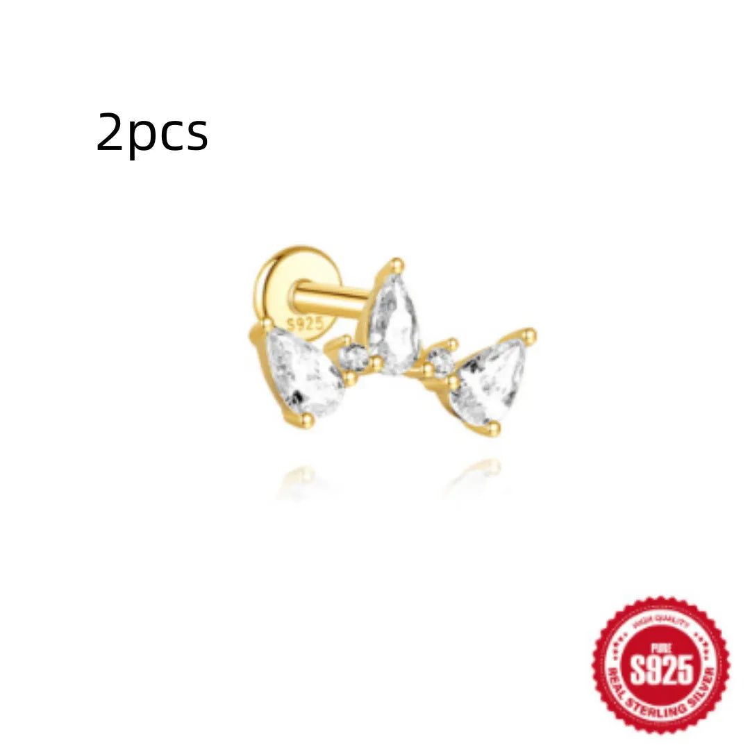 Geometric water drop shaped S925 sterling silver earrings with a flat spiral puncture back, in a gold electroplated finish.