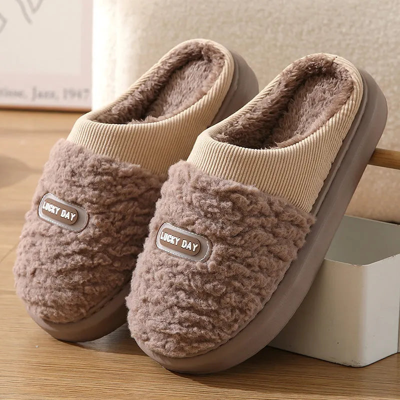 Men's plaid winter slippers with rabbit hair upper and thick EVA sole in brown colour