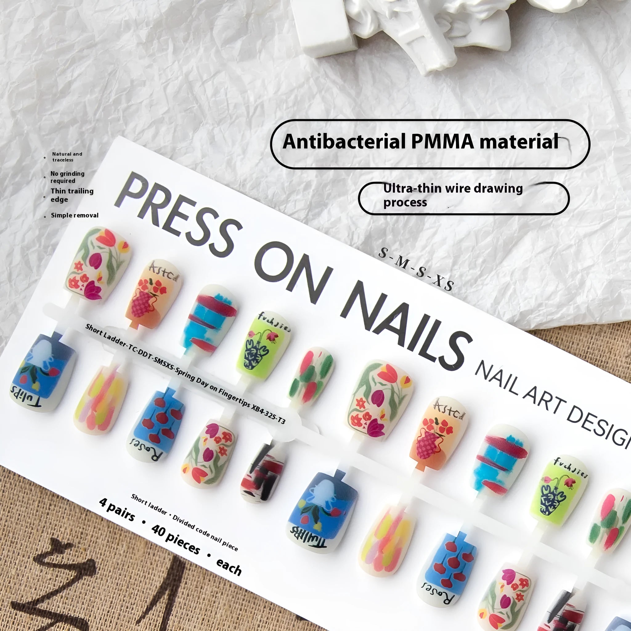 Spring suede frosted seal nail art stickers for ladies, 40 pieces, short ladder shape, ultra-thin seamless sweet Chinese style design