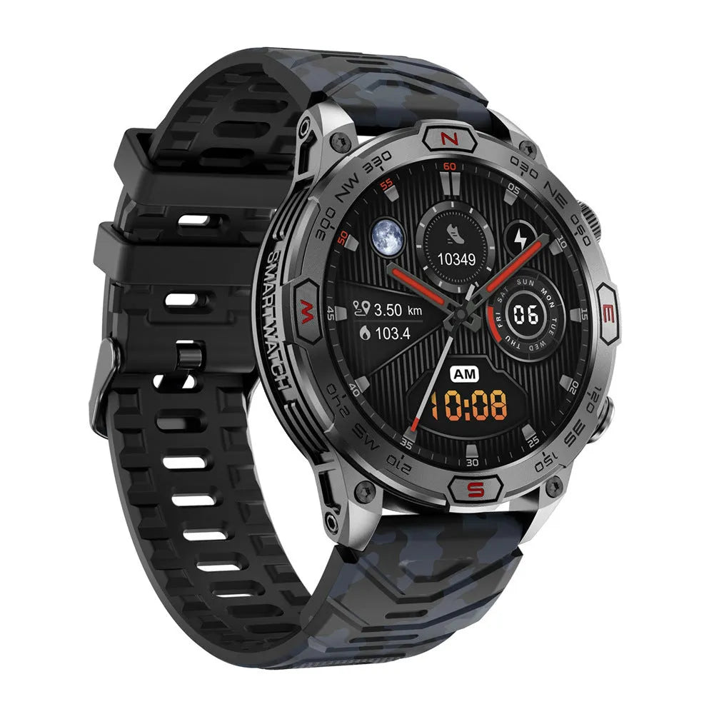 Sports smartwatch with AMOLED display in black orange camo colours showing fitness tracking features
