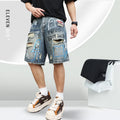 Blue denim shorts for men with ripped knees and graffiti design, featuring a straight leg and zipper fly.