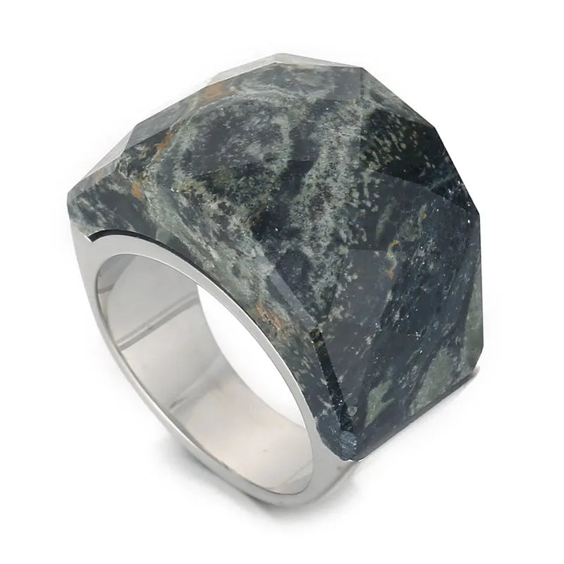 Women's geometric stainless steel natural stone ring with 17mm width in electroplated finish