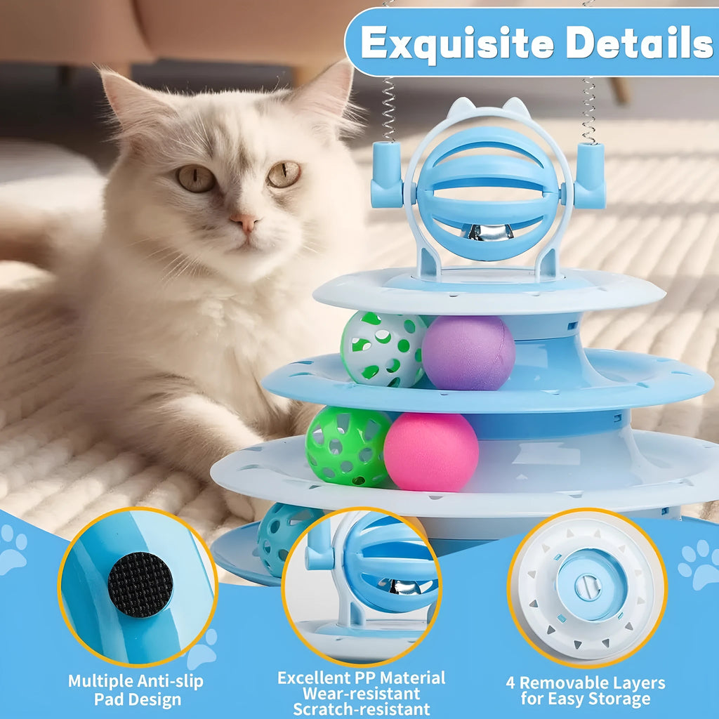 Blue four-tier rotating cat carousel toy with six coloured balls, a top bell, and two teasing rods on a non-slip base.