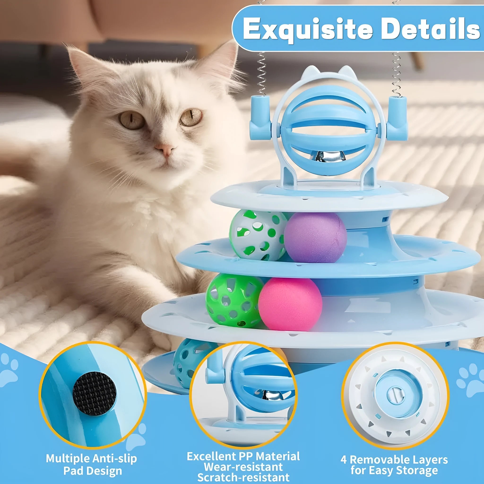 Blue four-tier rotating cat carousel toy with six coloured balls, a top bell, and two teasing rods on a non-slip base.