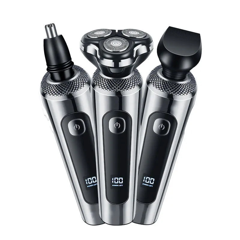 USB rechargeable beard trimmer with digital LED display on a five-in-one base bracket.