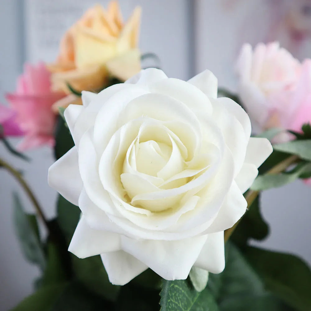 Touch Rose artificial silk flower bouquet with red petals and green stem, showing full 42cm length