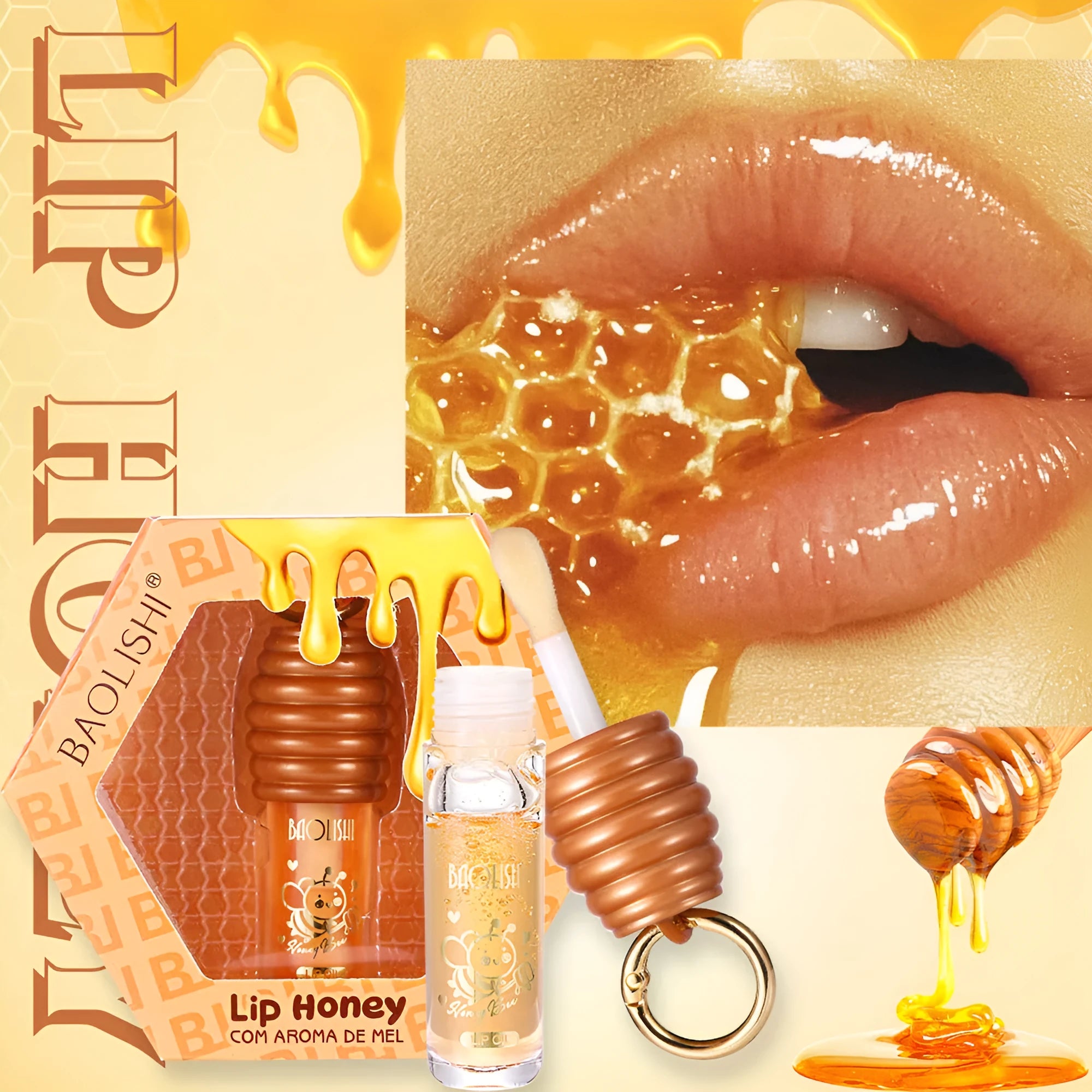 Honey Lip Gloss attached to a keychain for portable lip moisturising