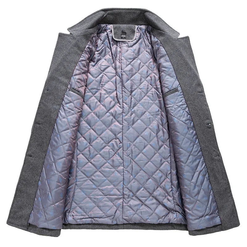 Men's loose wool coat with cotton padding, zipper pocket, solid grey burgundy or camel colour, sizes M to XXXXL