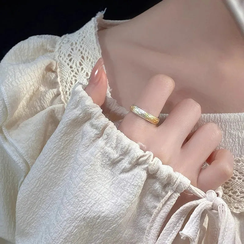 Adjustable open mouth white copper ring with geometric Xiangyun pattern and silver-gold electroplating