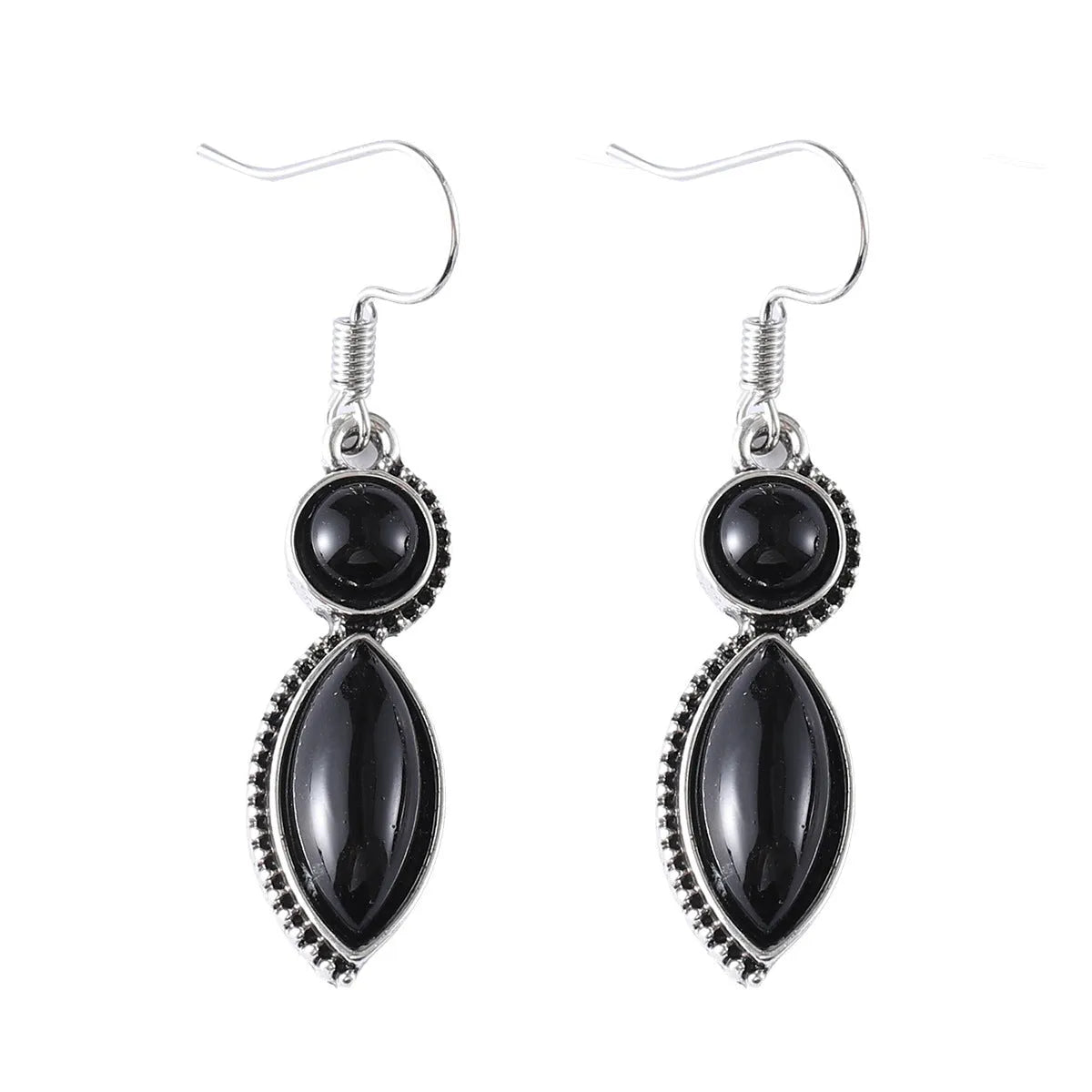 A pair of vintage-style geometric drop earrings with black and purple electroplated pendants on a white background.