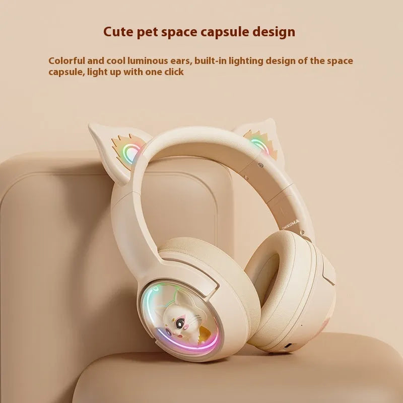 Wireless Bluetooth headset in pink with noise reduction, breathing light, and PC ABS build
