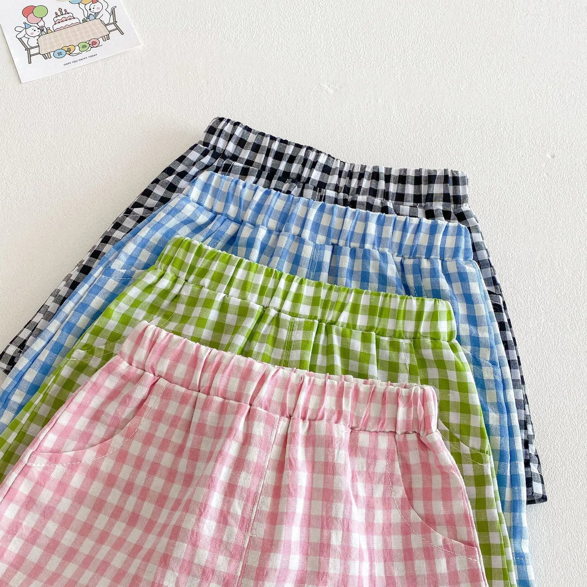 Girls' cotton short sleeve T-shirt and plaid shorts two-piece set in sea blue, peach, Black Panda or avocado green