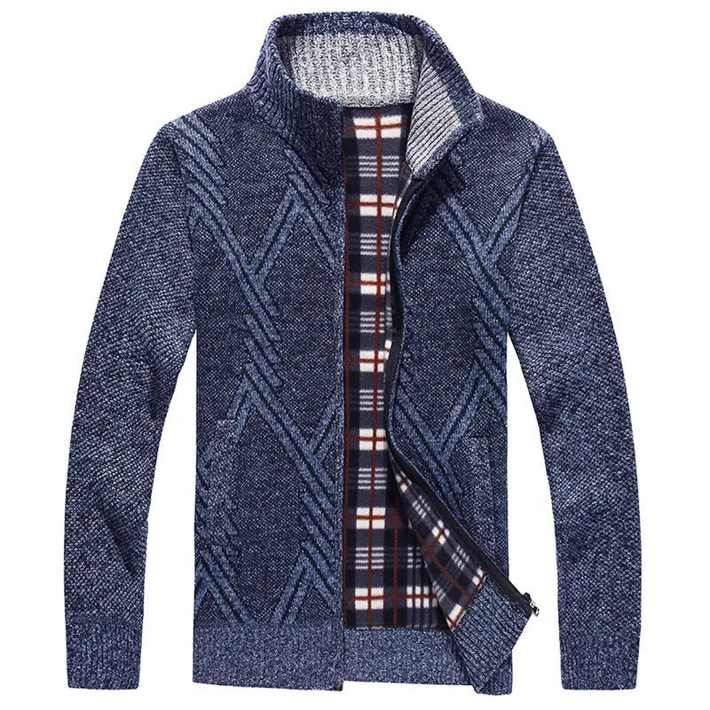 Men's thick cotton blend stand collar zipper cardigan sweater in light gray, long sleeves, size M to 3XL