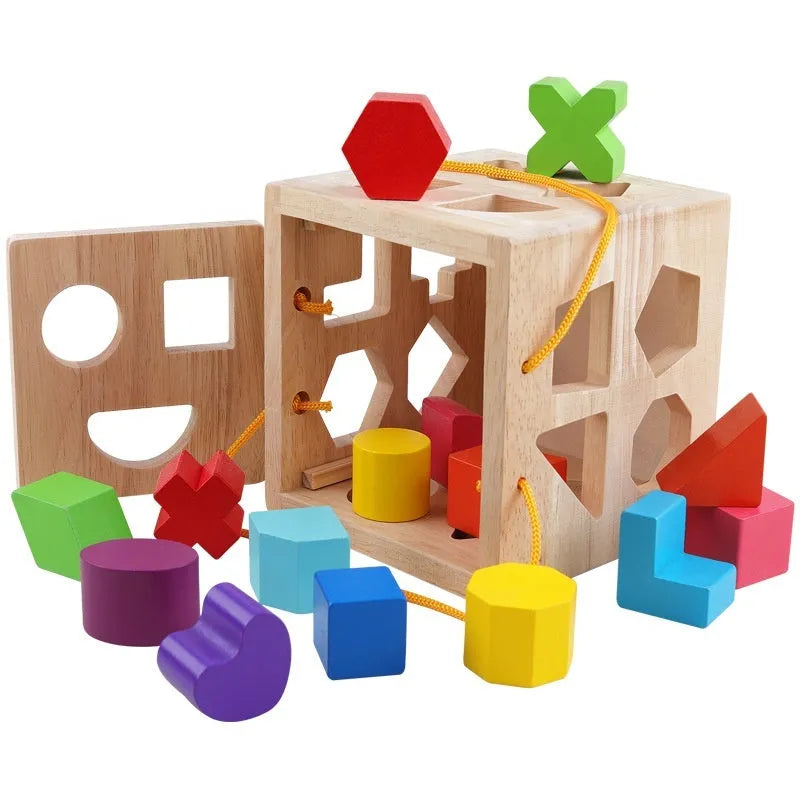 Wooden geometric shape matching building blocks set for infants with colourful pegs and intelligence boxes.