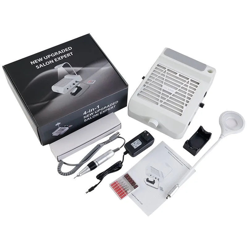 White electric nail polishing machine with built-in vacuum cleaner and four-in-one grinder functions