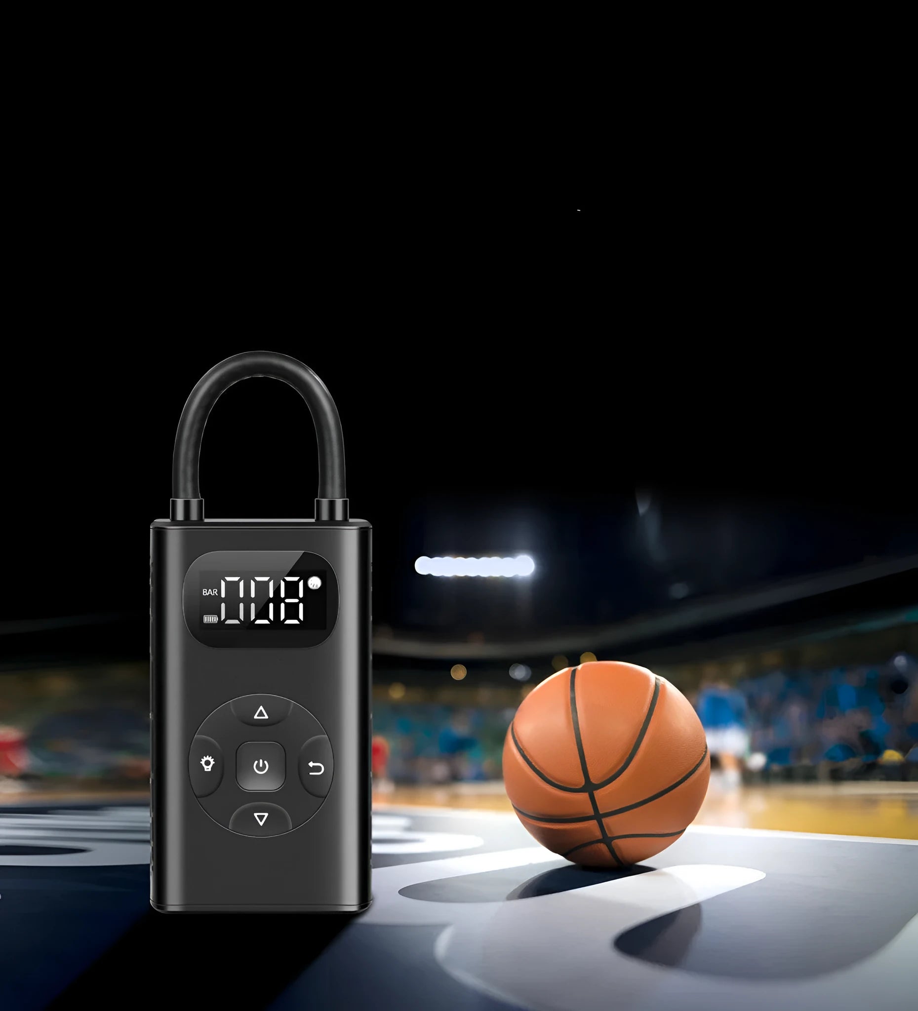 Black aviation aluminium portable air compressor and power bank for car and motorcycle tyres.