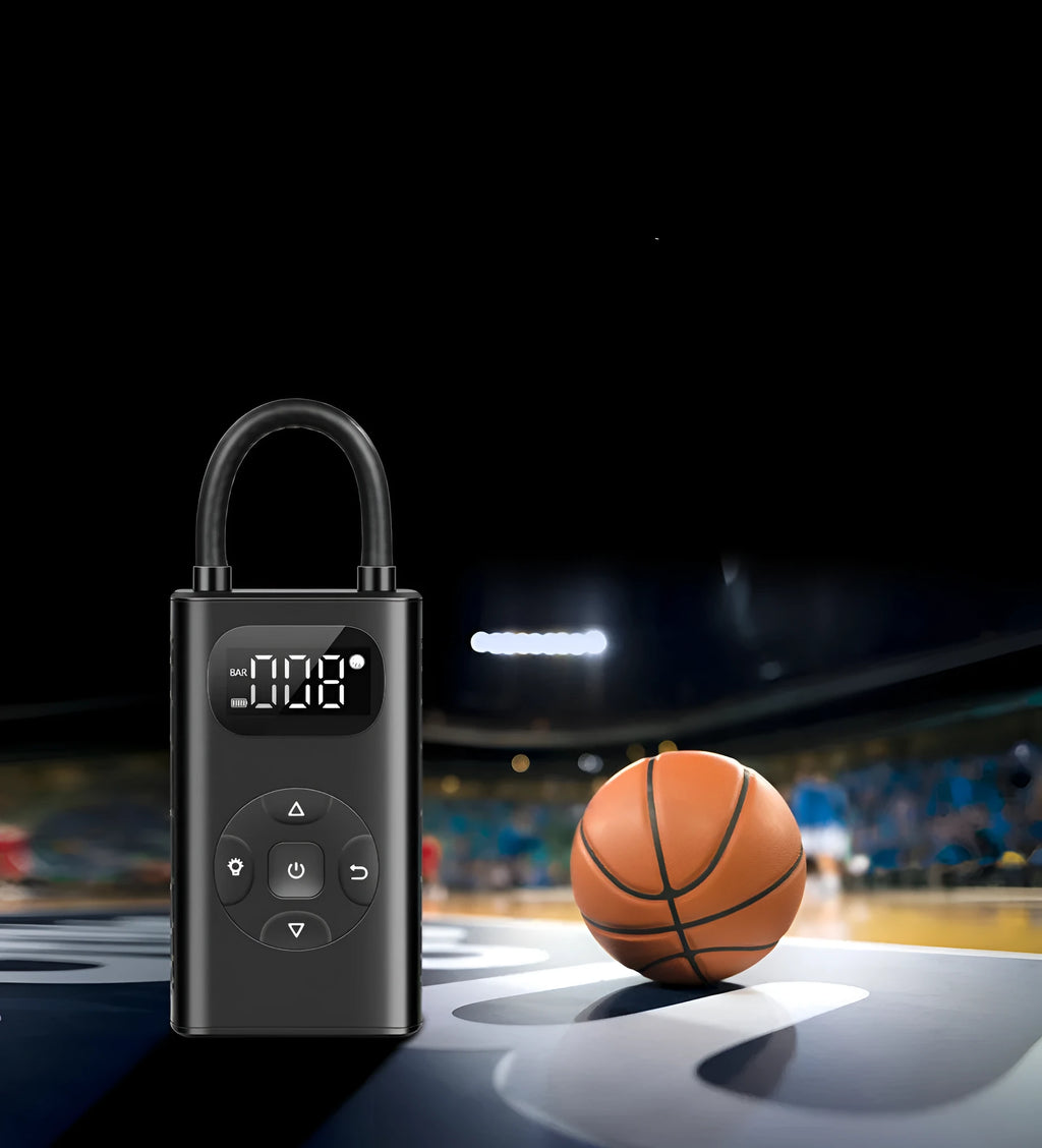 Black portable tyre inflator power bank with USB cable, model M09X, for car motorcycle bicycle.