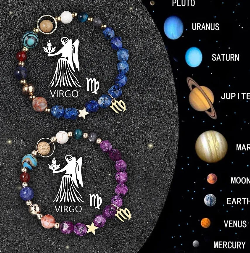 Natural stone zodiac beaded bracelet set showing twelve astrology sign bracelets with adjustable strings
