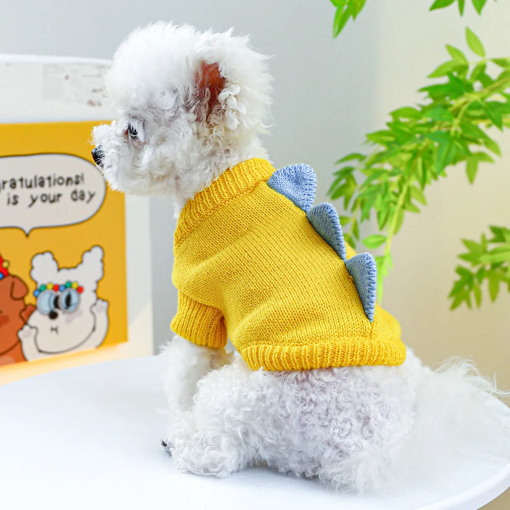 Green and yellow polyester dinosaur dog sweater for small to large dogs, sizes XS to XL
