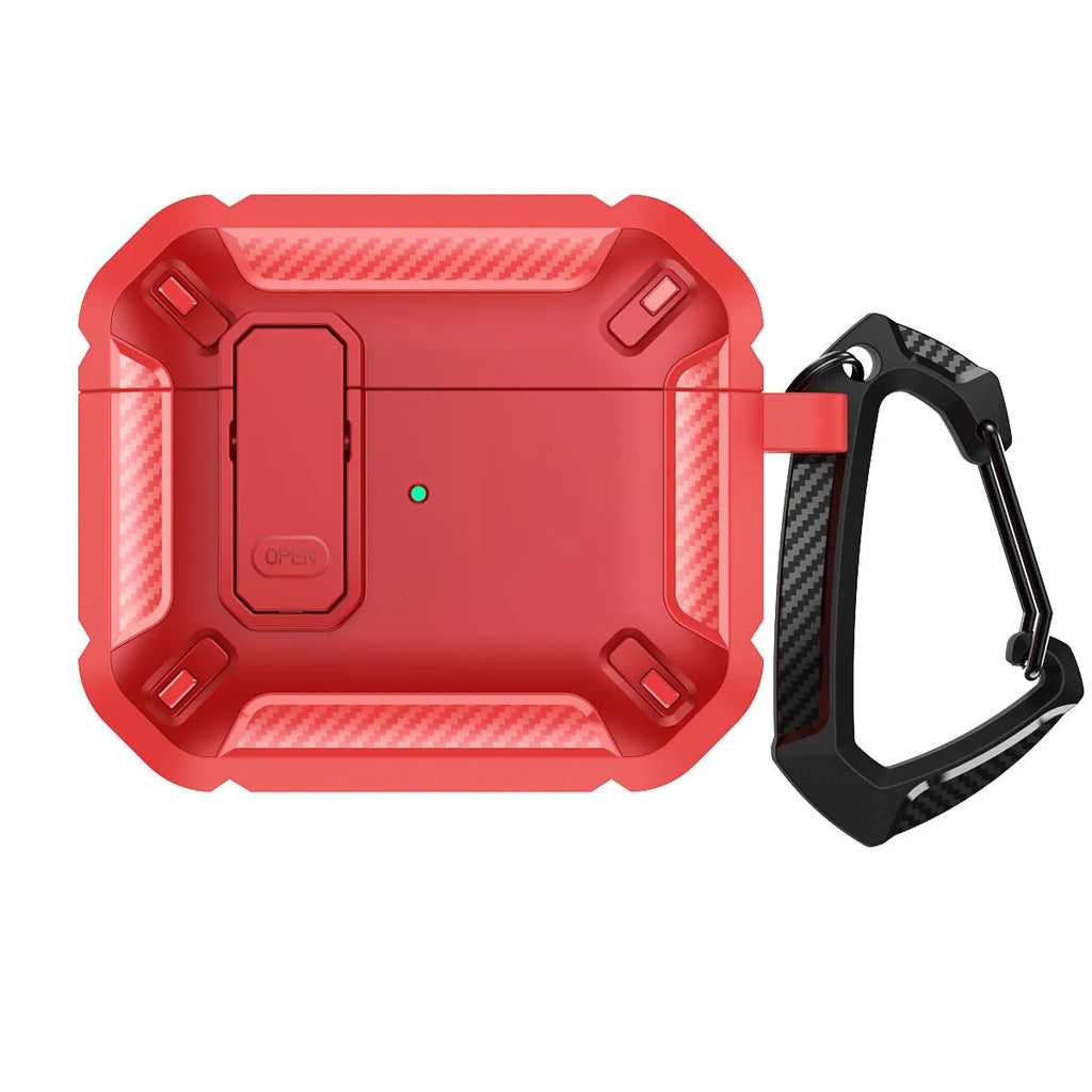 Plastic clamshell protective case for AirPods with a removable metal hook, shown in a black and yellow two-tone colour scheme.