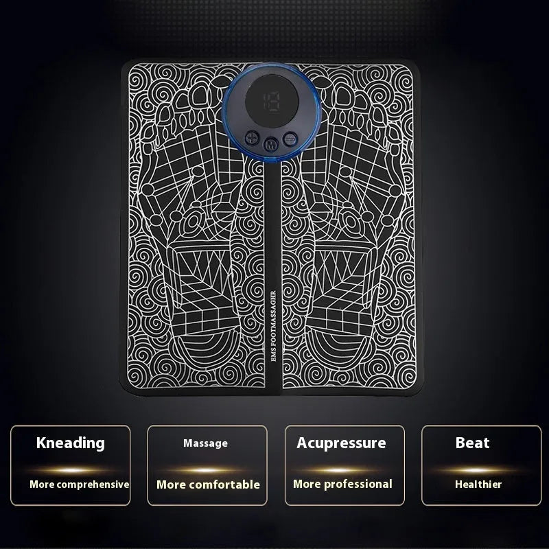 Micro-current foot massage cushion with wireless remote control and LCD display showing massage modes