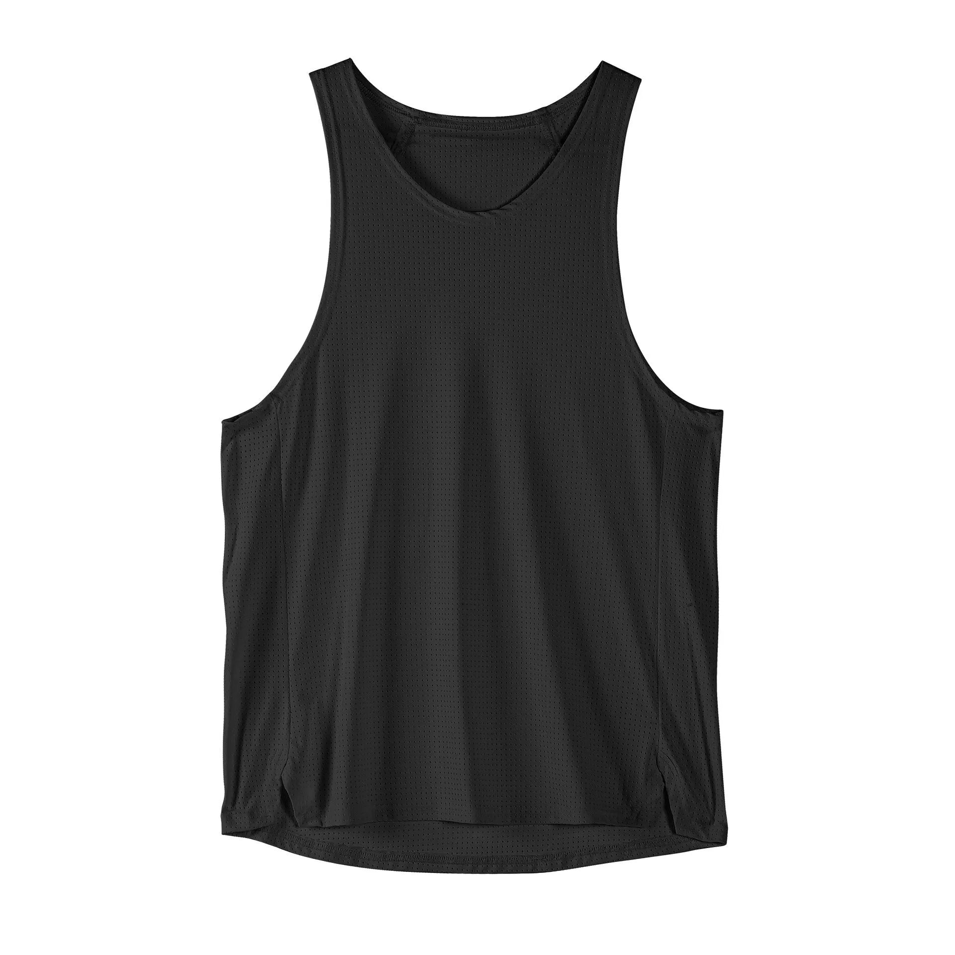 Men's black sleeveless nylon vest on a hanger