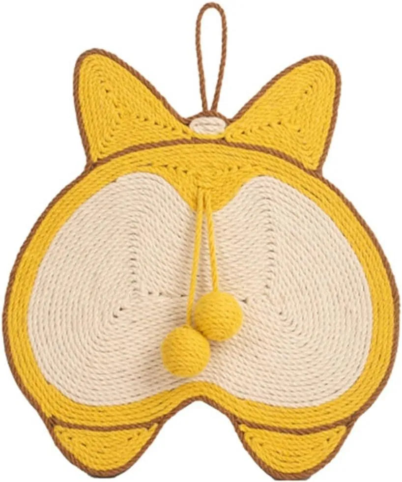 Yellow Corgi design sisal cat scratching board with anti-slip base, shown with adhesive hooks