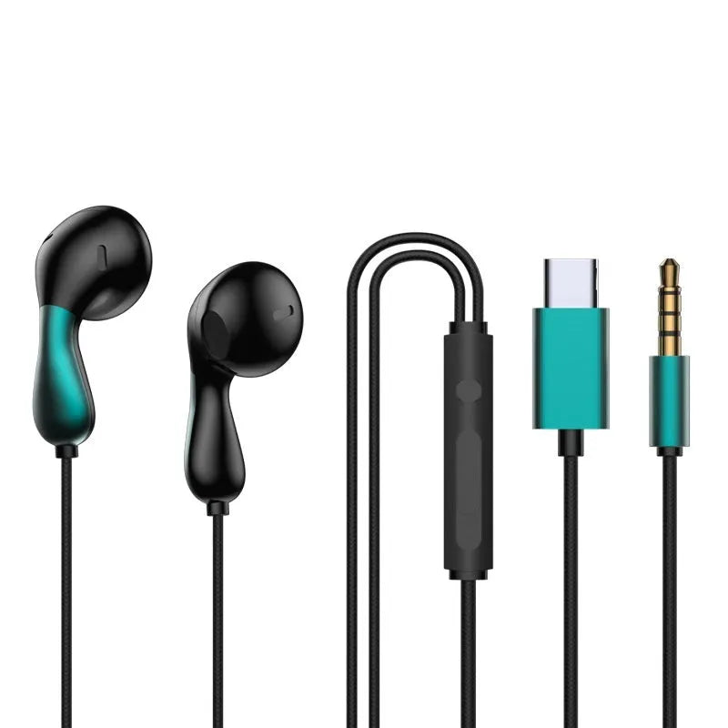 Type-C flat hole wired headset with flat cable and combined wire control, black colour variant