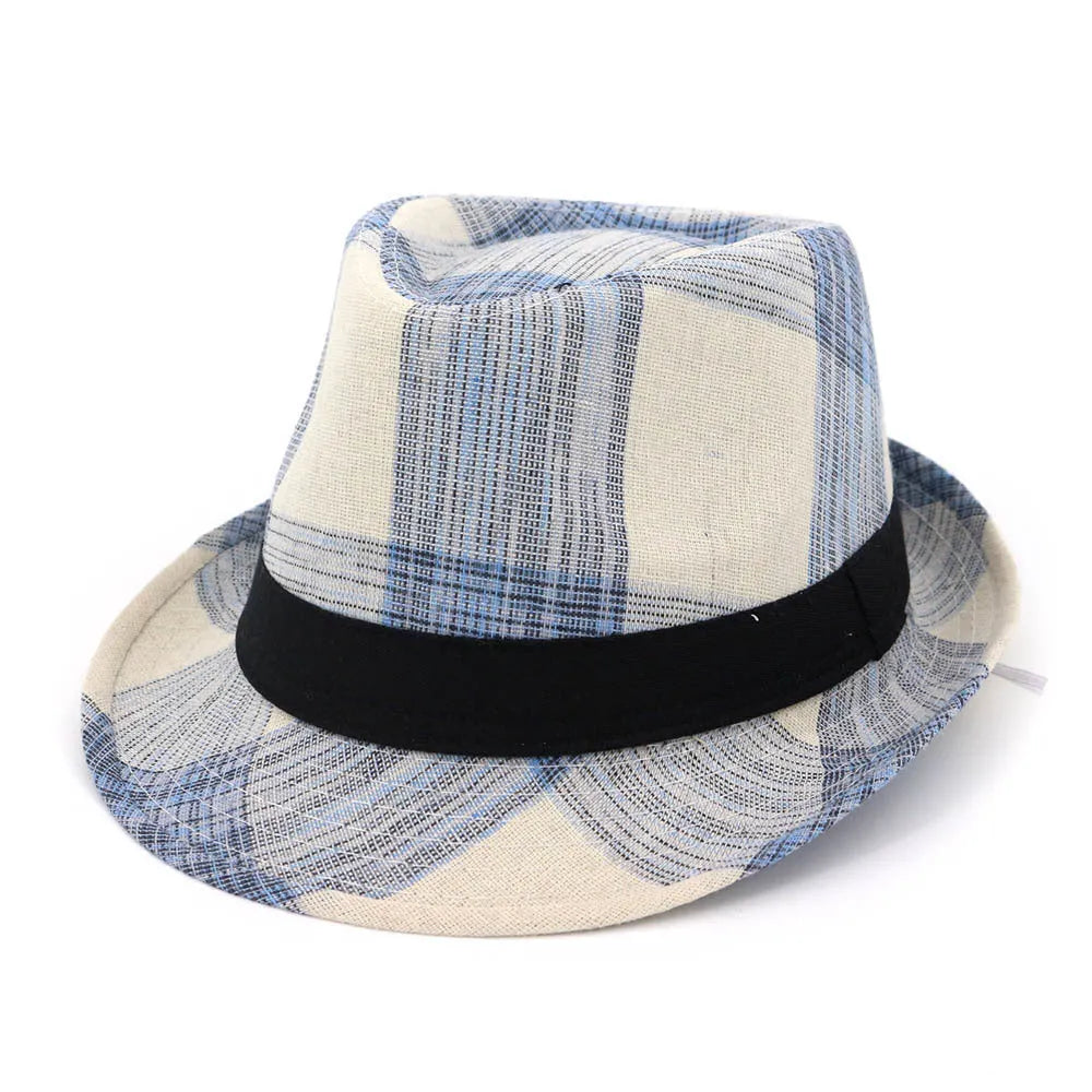 Casual blue polyester straw sun hat with a bell crown on a neutral background.