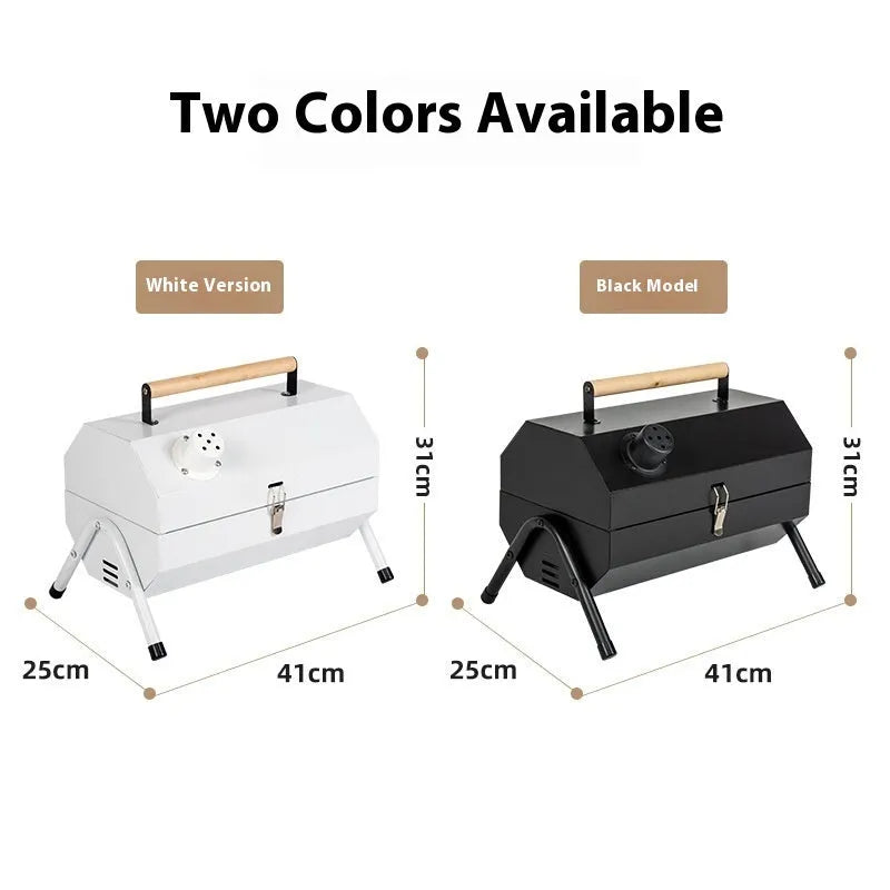 White round chimney portable charcoal grill with foldable legs, two carbon tanks, and a dual cooking mesh setup.