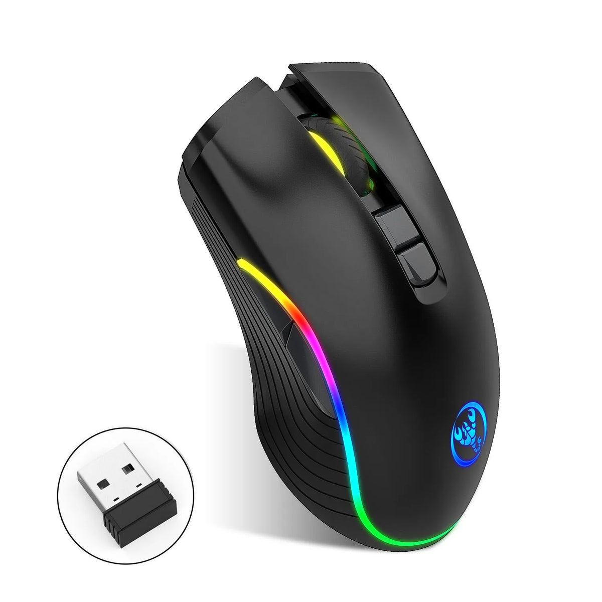 Black TYPE-C wireless gaming mouse with RGB light, 7 buttons, 2400DPI, and USB receiver