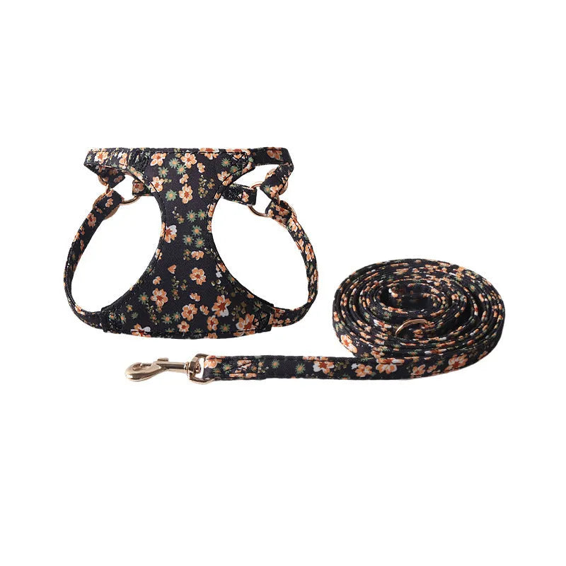 Floral pattern pet harness with matching leash in cloth material showing colour options and single chest back design