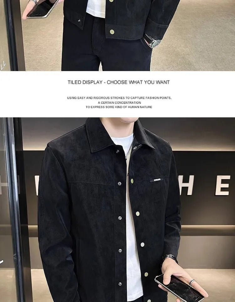 Suede lapel men's jacket in brown or black, thin polyester blend, long sleeve, regular fit, M-3XL.