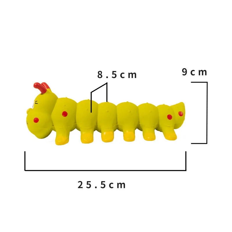 Yellow caterpillar-shaped dog rubber squeaky toy measuring 25.5cm long