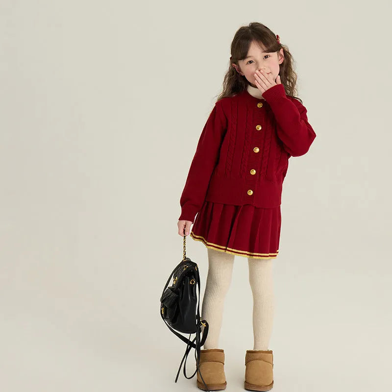 Red knit cardigan and pleated skirt two-piece set for girls in velvet yarn fabric