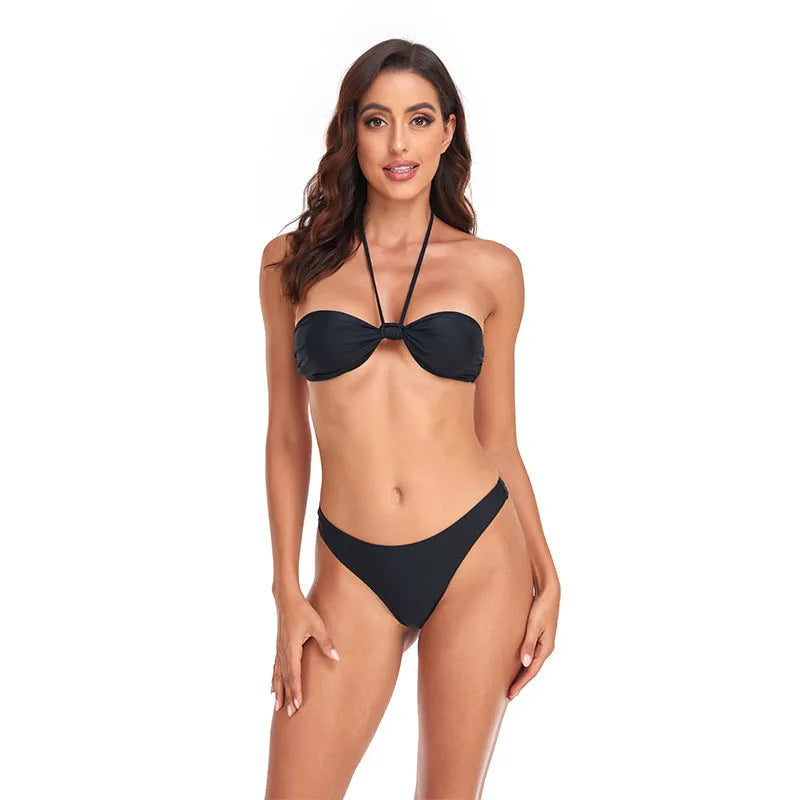 Black women's bikini set with lace-up front tube top and matching briefs.