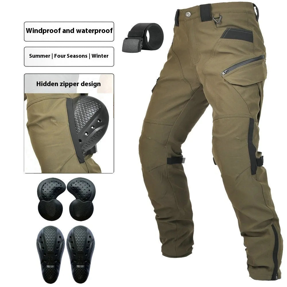 Men's black and green waterproof motorcycle cycling trousers with belt and protective gear.