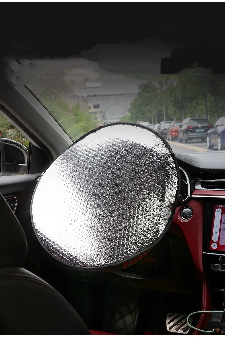 Aluminium foil car steering wheel sunshade cover with brand LOGO pattern, universal fit for general vehicle models