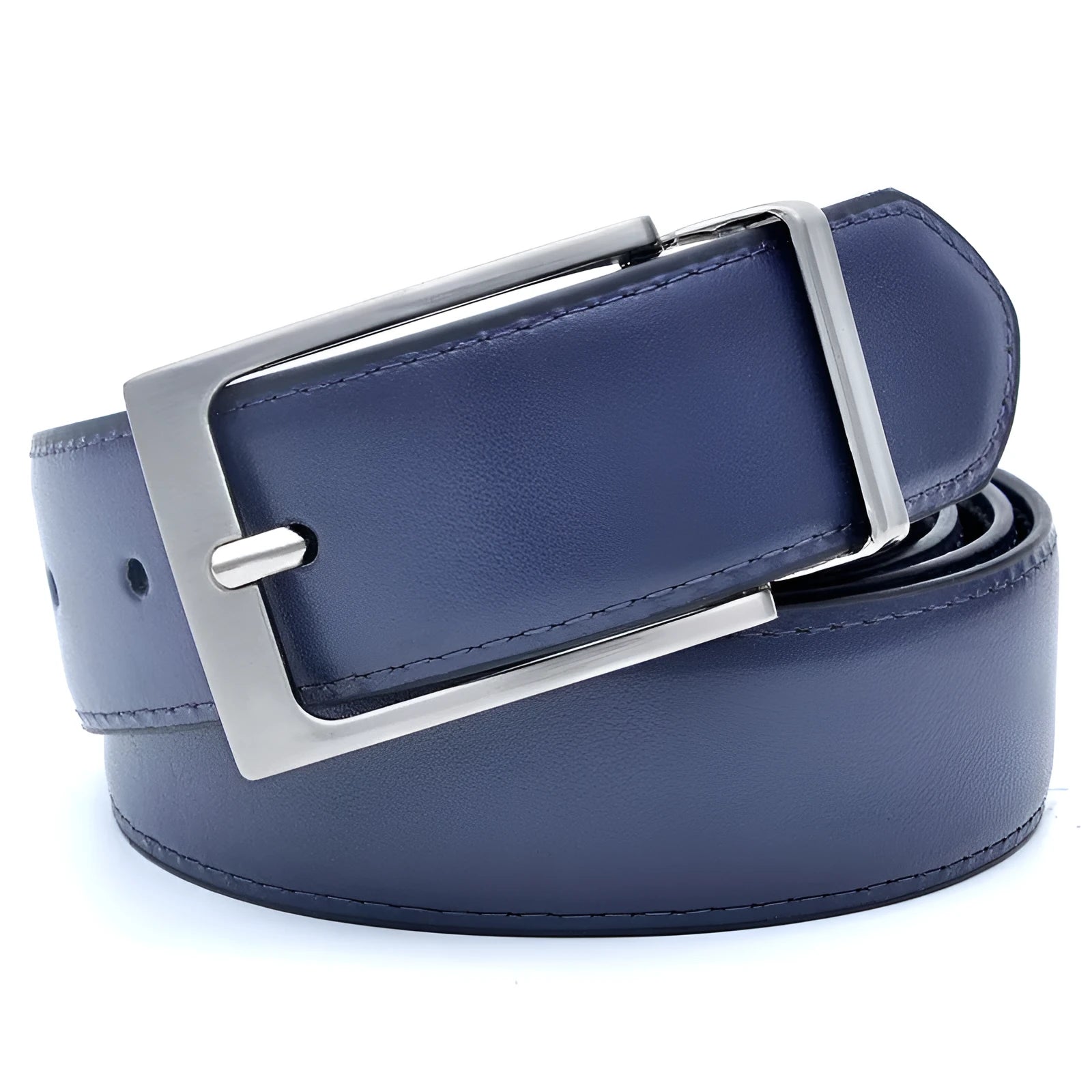 Men's dark brown and black genuine leather belt with a silver rotating pin buckle on a white background.