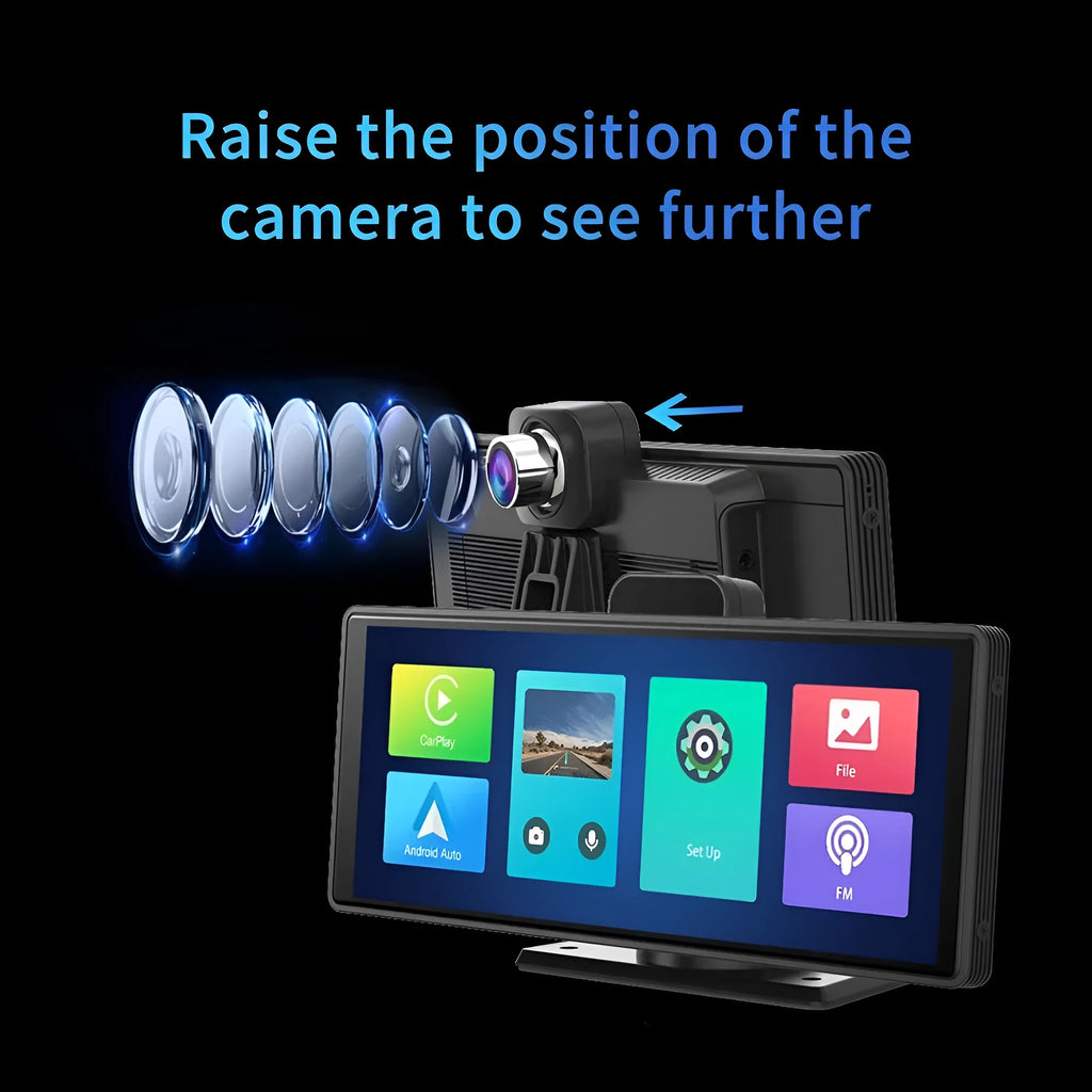 R33 black smart dash cam with 10.26-inch touch screen mounted on car windscreen, showing split view of road ahead and rear camera.
