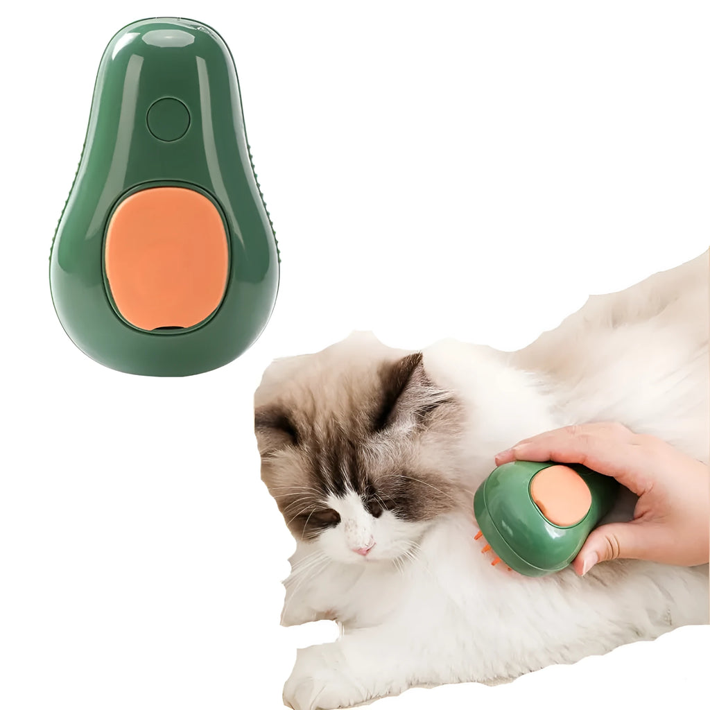 Green and white 3-in-1 cat steam brush with water spray and soft silicone teeth for pet grooming.
