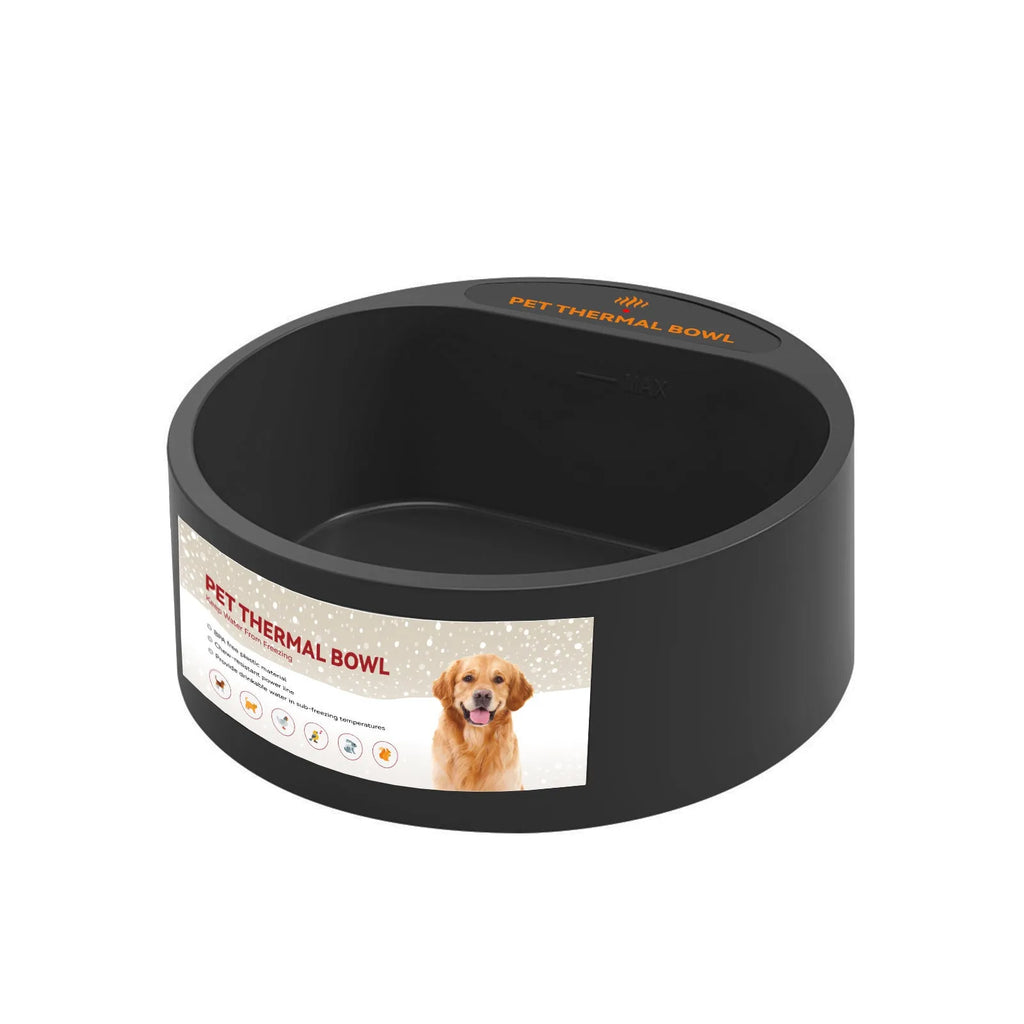 Black ABS heated pet bowl for dogs and cats with power cable, shown outdoors.