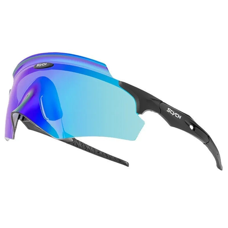 Frameless windproof athletic glasses with colourful integrated lens, shown in multiple colour styles.