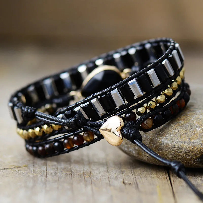Handmade water drop obsidian bracelet on leather rope, French retro style, unisex jewellery