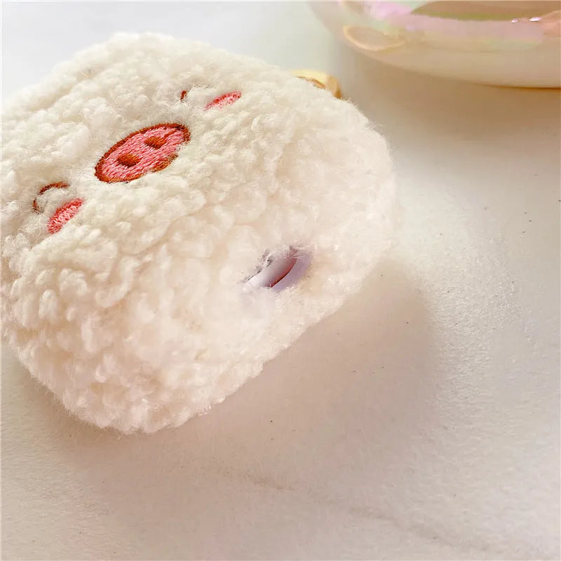 Plush pig flannel AirPods protective cover with bracelet in pink or beige