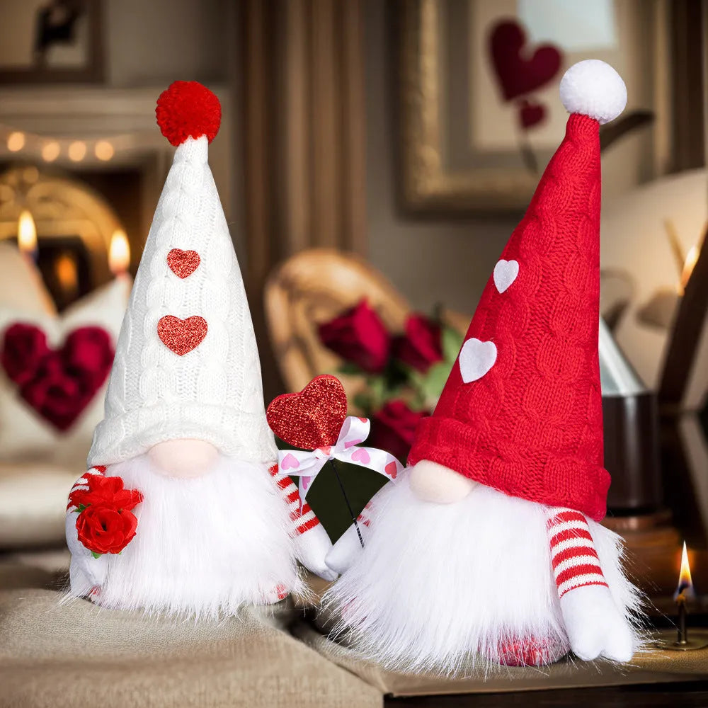 Faceless dwarf doll ornament with glowing hat in red or white cloth for Valentine's Day