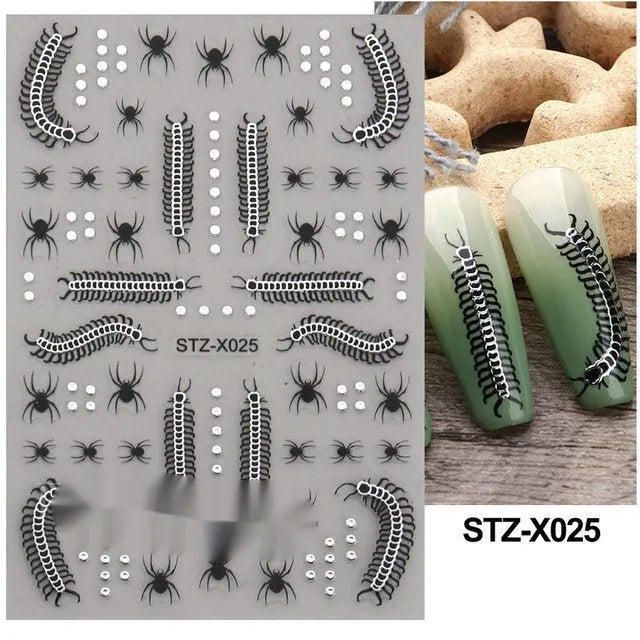 Cartoon-themed nail art sticker sheet with black and silver strip patterns and love motifs