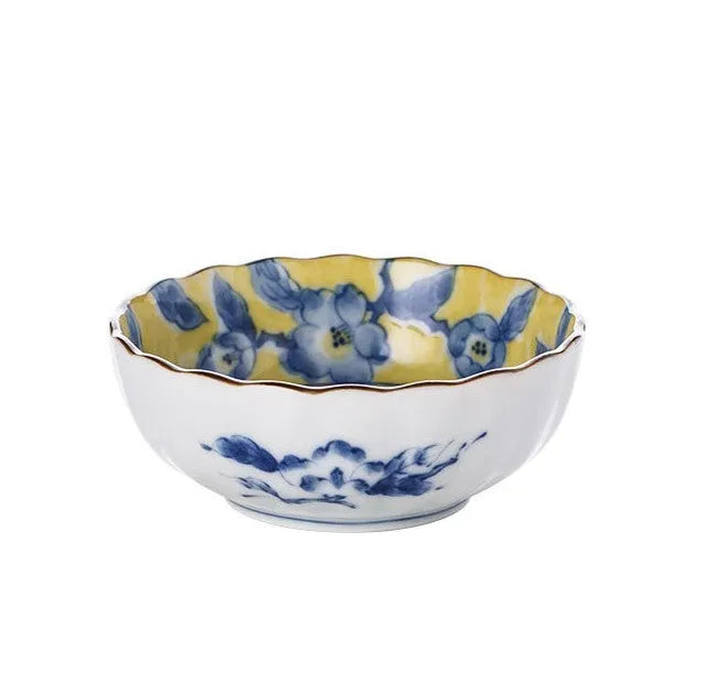 Japanese style ceramic tableware set with underglaze flowers in yellow and colourful patterns round shape